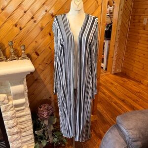 Entro Navy Blue and White Striped Long Cardigan
